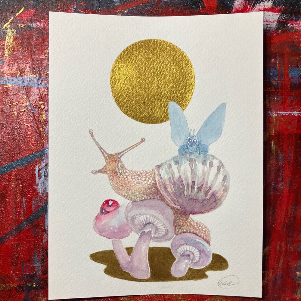 Original Snail Mushroom painting Gold accent art Artettina Whimsical botanical
